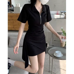 甜辣妹风polo领连衣裙女夏季2023新款不规则设计感短裙子韩系风格