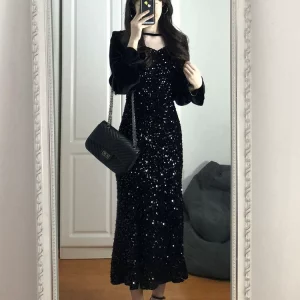 大码法式黑色亮片丝绒鱼尾连衣裙女秋冬高级感轻奢气质生日礼服裙