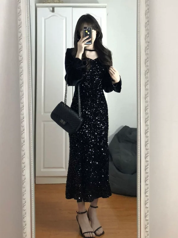 大码法式黑色亮片丝绒鱼尾连衣裙女秋冬高级感轻奢气质生日礼服裙