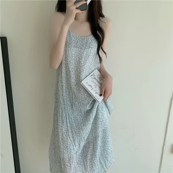 碎花吊带连衣裙女夏季2022新款小清新薄款修身显瘦超仙雪纺长裙子 - 图片 5