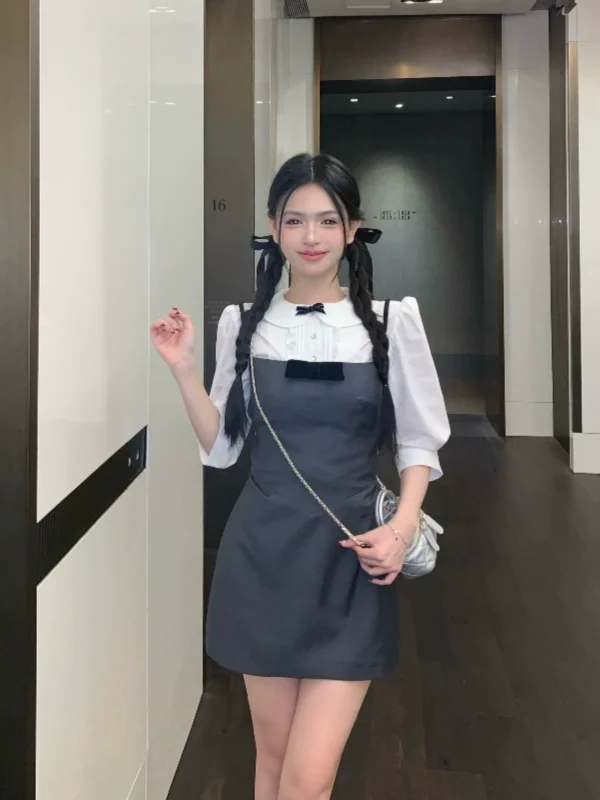 复古格纹蝴蝶结吊带连衣裙2024春款女装包臀裙小个子学院风短裙子 - 图片 3