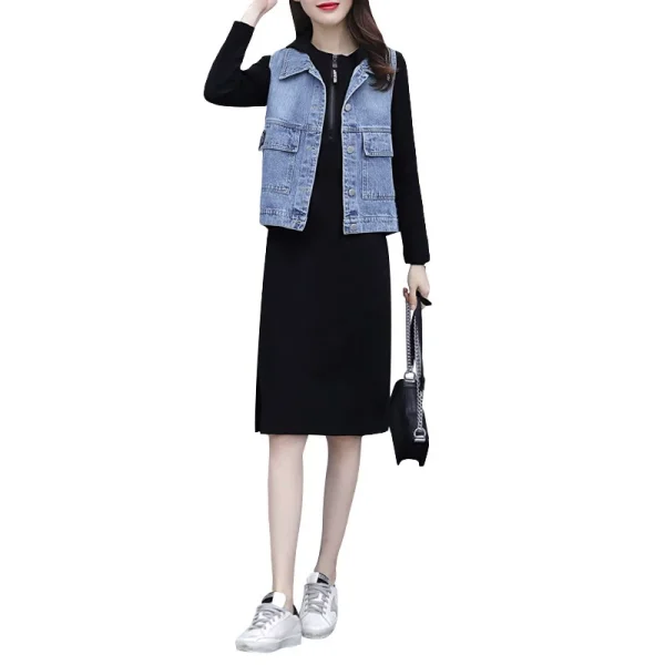 牛仔马甲套装裙春装2023年春秋新款女洋气减龄显瘦两件套连衣裙女 - 图片 5