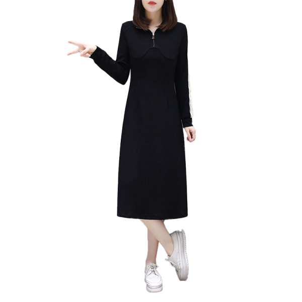 春季2024欧货新款时尚休闲运动长袖连衣裙女收腰显瘦中长款卫衣裙 - 图片 5