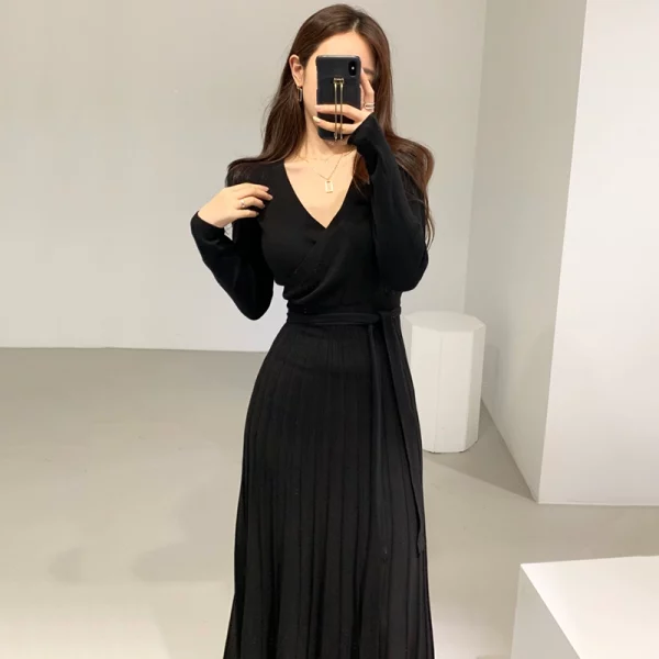 韩国chic法式V领交叉修身绑带高腰显瘦压褶长款过膝针织连衣裙女 - 图片 2