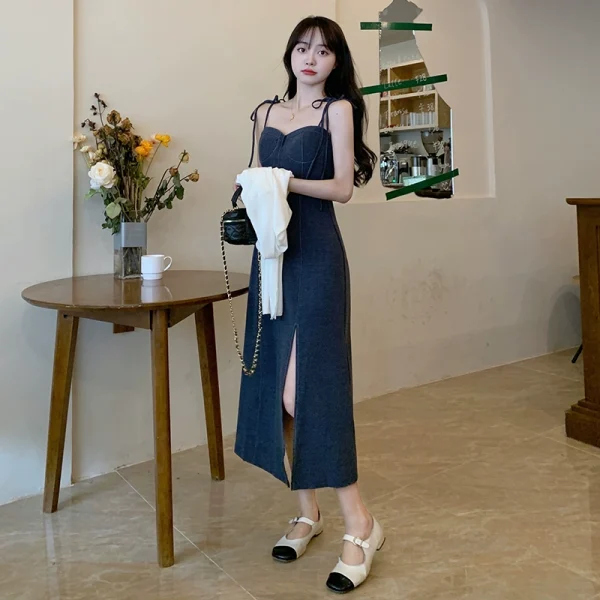 大码法式御姐轻熟风显瘦遮肚开叉吊带裙胖mm牛仔连衣裙套装女夏 - 图片 4
