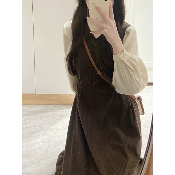 小个子背带连衣裙女装早秋穿搭2025新款长裙千金风巨好看的两件套 - 图片 5