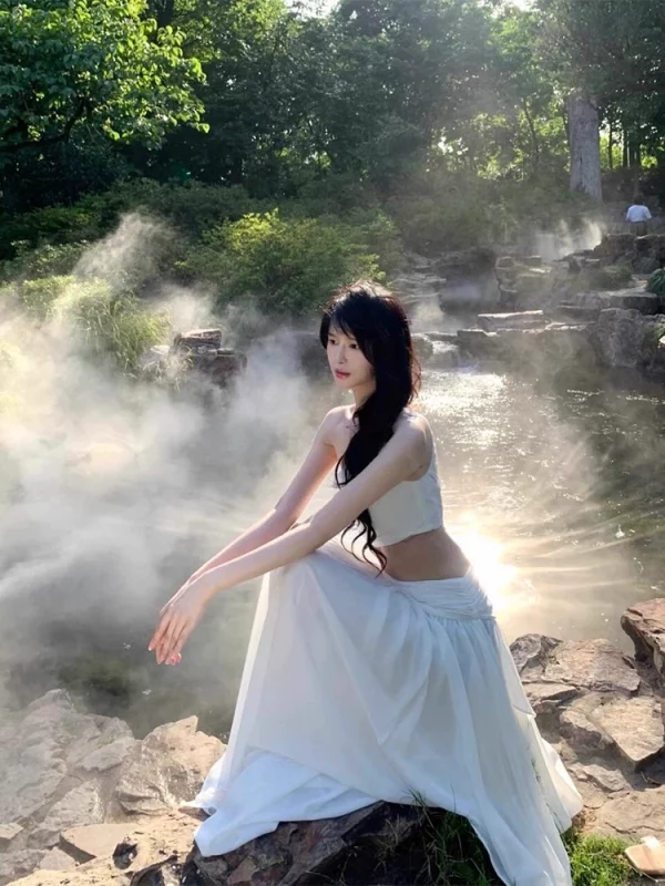 法式小众高级清冷感白色斜肩露腰连衣裙女海边度假氛围感超仙长裙 - 图片 4