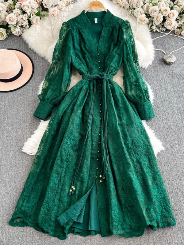 法式复古宫廷风礼服重工刺绣收腰显瘦长款蕾丝裙女高端精致连衣裙