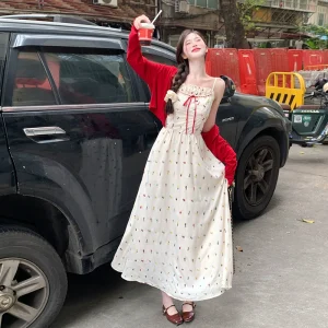 大码纯欲风碎花吊带连衣裙女夏季胖mm一字领显瘦遮肚裙子开衫套装