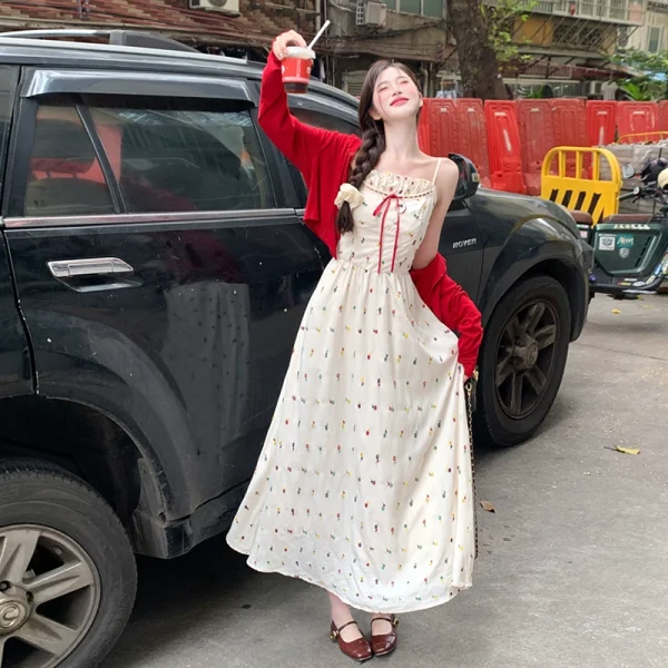 大码纯欲风碎花吊带连衣裙女夏季胖mm一字领显瘦遮肚裙子开衫套装