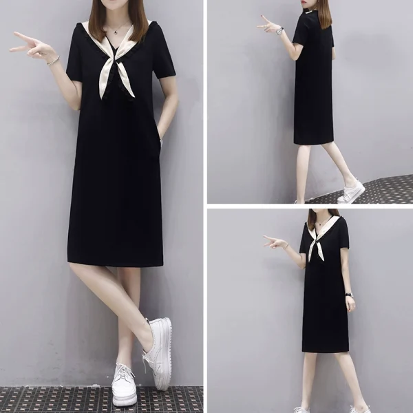 欧洲站夏季2023年新款遮肉显瘦胖MM小黑裙休闲大码直筒连衣裙女士 - 图片 2
