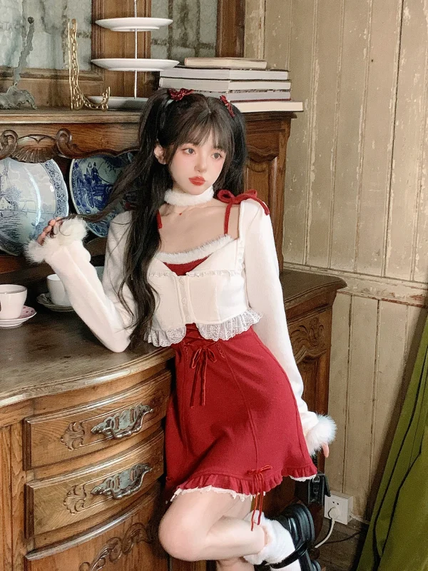莉摩Bobon21节日氛围软糯毛绒花边吊带连衣裙毛针织开衫套CD2180 - 图片 3