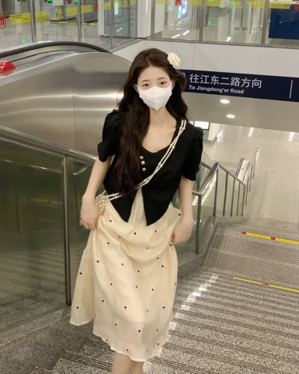 夏季新款假两件设计感裙子气质显瘦不规则小个子休闲法式连衣裙女 - 图片 3