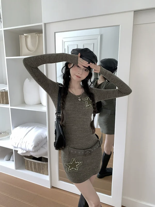 PPHOME辣妹计划~性感辣妹星星连帽针织连衣裙女复古长袖包臀短裙 - 图片 2