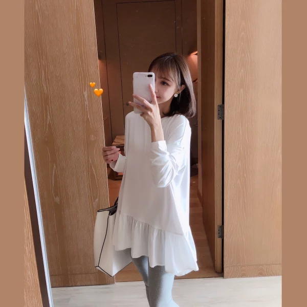2022春秋装新款白色法式复古长袖连衣裙女雪纺荷叶边a字裙短裙子 - 图片 2