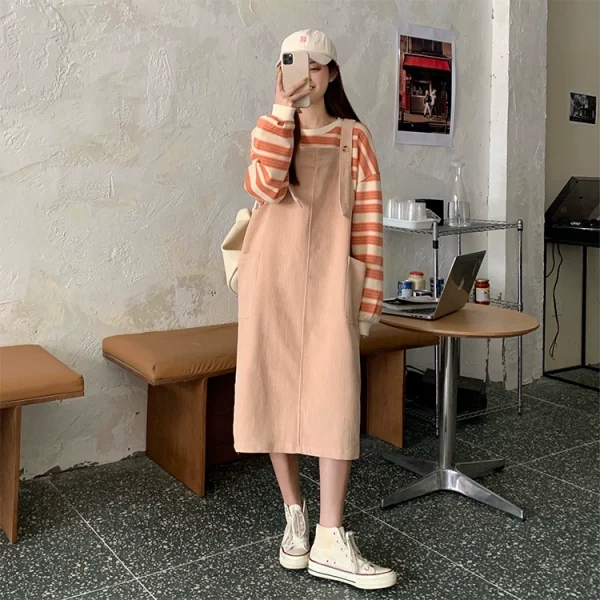 灯芯绒背带裙套装女秋季2023新款韩版少女减龄可爱小个子连衣裙子 - 图片 3