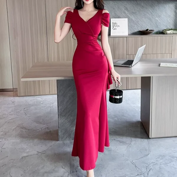 性感低胸露肩晚礼服高级感连衣裙春季2025新款女夜总会技师工作服 - 图片 3