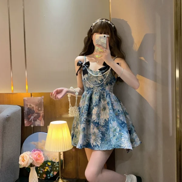 复古收腰显瘦重工珍珠蝴蝶印花吊带连衣裙夏季2022年新款女装裙子 - 图片 2