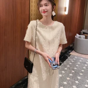 柒柒家 杏色须边竖条短袖连衣裙2023夏季新品显瘦中长款裙子女