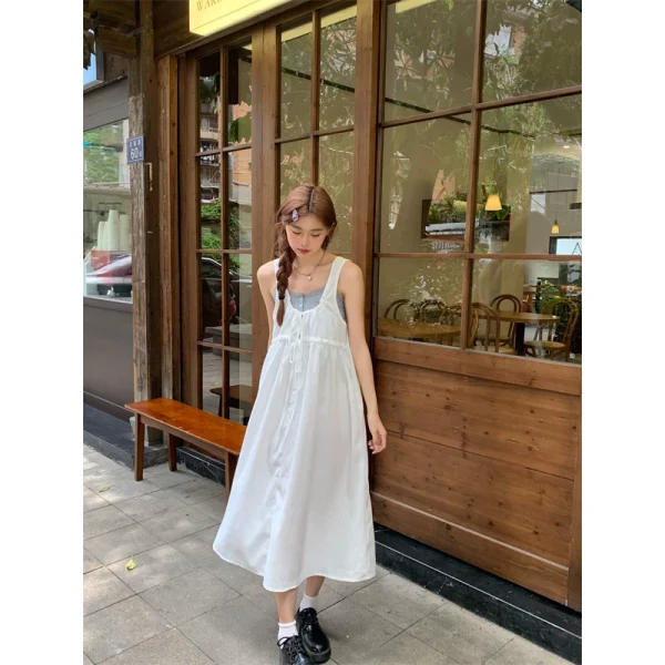 kumikumi慵懒风吊带连衣裙女夏季甜美气质减龄白色裙子宽松中长裙 - 图片 2