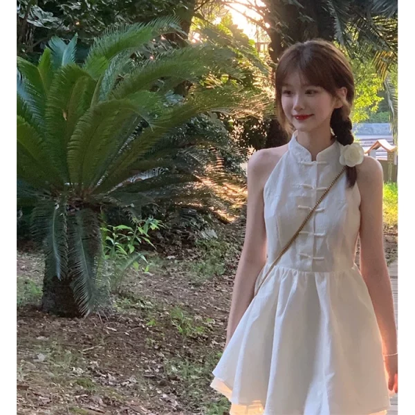国风新中式复古立领盘扣连衣裙春季2024新款气质少女感无袖短裙女 - 图片 4