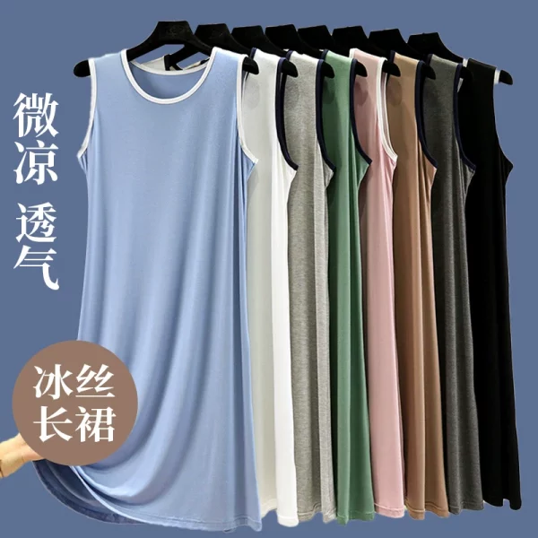 宽松大尺码背心裙女夏季薄款莫代尔休闲长裙外穿居家睡裙无袖洋装 - 图片 3