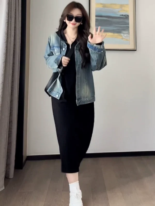 大码针织连帽卫衣连衣裙秋冬新款胖mm显瘦长袖打底内搭毛衣小裙子 - 图片 5