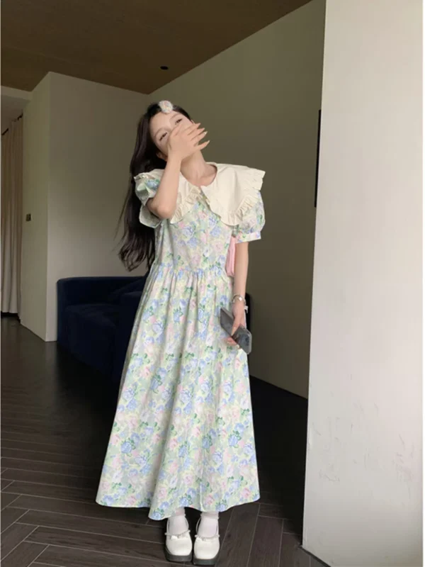 温柔风娃娃领碎花连衣裙女夏季新款法式减龄小个子泡泡袖中长裙子 - 图片 5