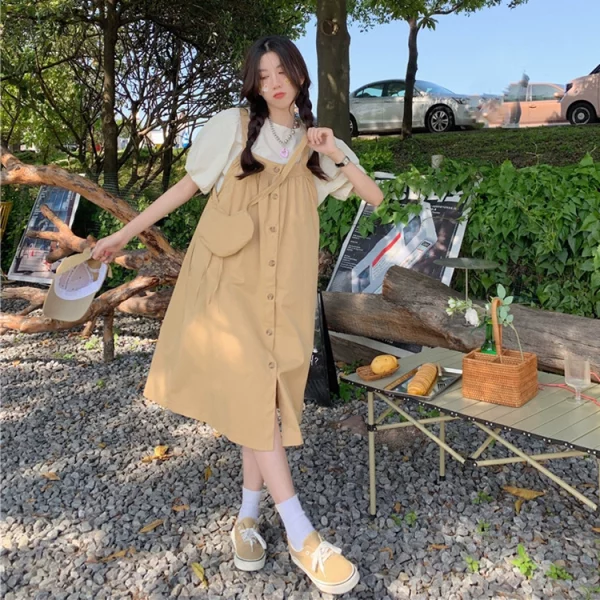 吊带连衣裙女春季2023新款学生森系宽松遮肚子单排扣外穿过膝长裙 - 图片 2