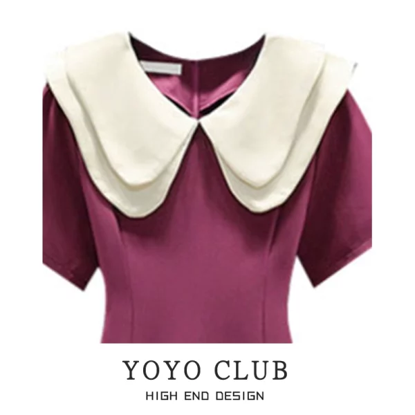 YOYO CLUB大码梨形身材娃娃领法式连衣裙夏季火龙果色遮肉显瘦裙 - 图片 4