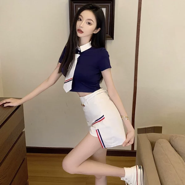 jk制服套装裙女夏足浴技师工作服学院风网红小个子短袖性感连衣裙 - 图片 4