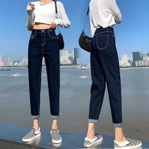 深蓝色哈伦萝卜老爹高腰牛仔女裤直筒小个子九分春秋女装2023新款