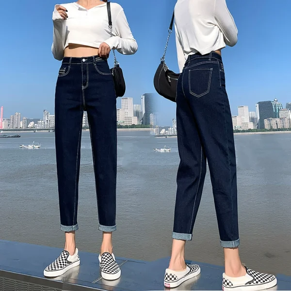 深蓝色哈伦萝卜老爹高腰牛仔女裤直筒小个子九分春秋女装2023新款