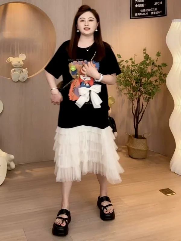 大码正肩拼接假两件连衣裙夏季胖mm加大加肥宽松遮肚藏肉网纱裙子 - 图片 4