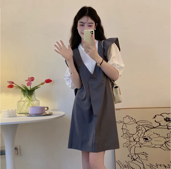 高级感连衣裙女装假两件西装短裙夏季2022年新款宽松洋气连体裙子 - 图片 3
