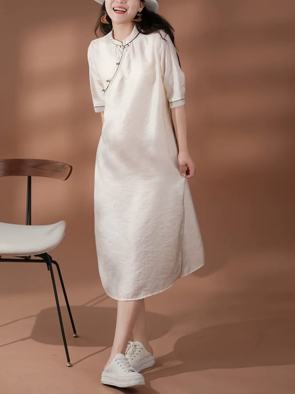 小耳出品【午间的时光】天丝提花连衣裙女中长裙简约小立领女裙
