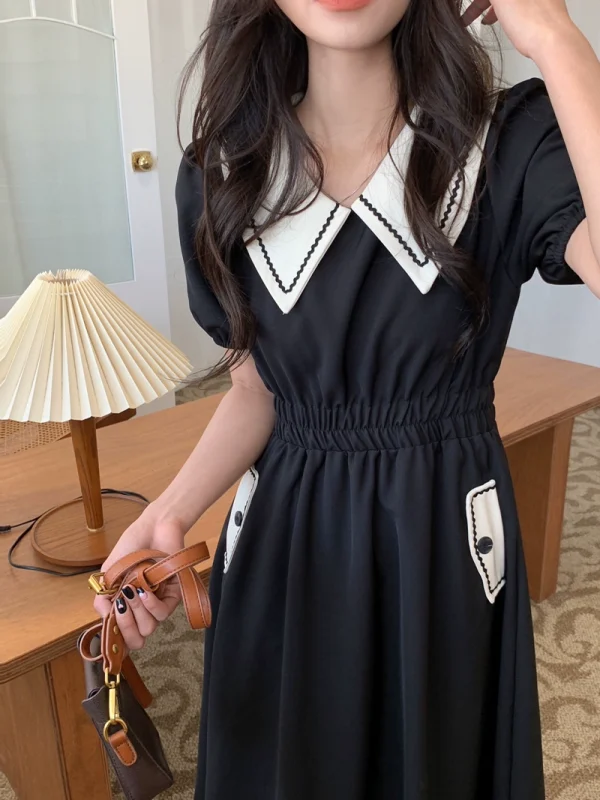 三木子自制 中长款黑色法式连衣裙女装夏季小个子泡泡袖小众裙子 - 图片 3