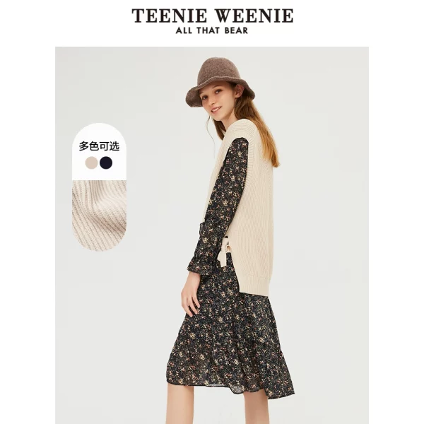 TeenieWeenie小熊连衣裙女针织马甲背心初秋冬两件套裙子碎花裙 - 图片 2