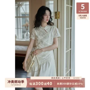 夕蒙2024新款夏季短袖假两件新中式不规则小个子国风气质连衣裙女
