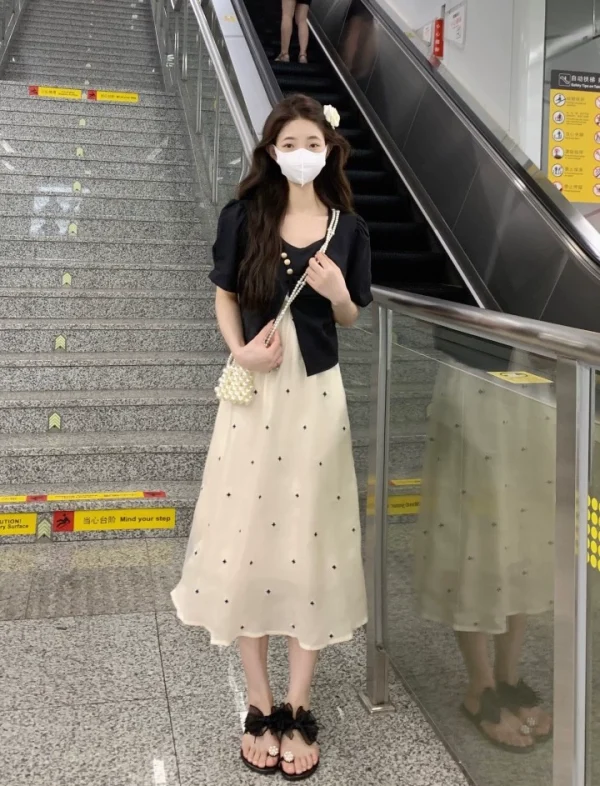 夏季新款假两件设计感裙子气质显瘦不规则小个子休闲法式连衣裙女 - 图片 2