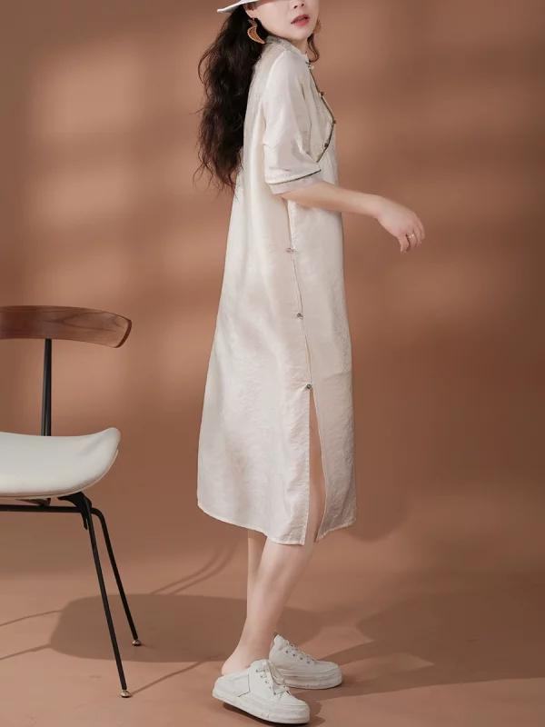 小耳出品【午间的时光】天丝提花连衣裙女中长裙简约小立领女裙 - 图片 3