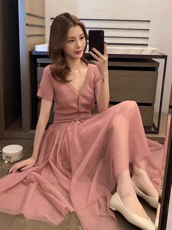 连衣裙女夏设计感收腰显瘦法式复古赫本风大码冰丝针织拼接网纱裙 - 图片 2