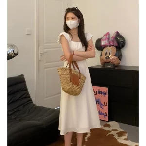 Viiwen 悸动初恋 清冷感方领法式气质长款显瘦飞飞袖优雅白连衣裙