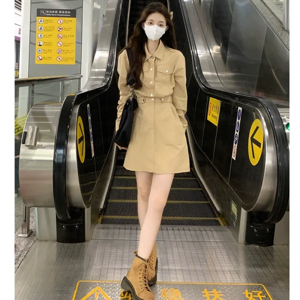 美式工装连衣裙女早秋2023新款POLO领收腰显瘦可盐可甜长袖A字裙 - 图片 4
