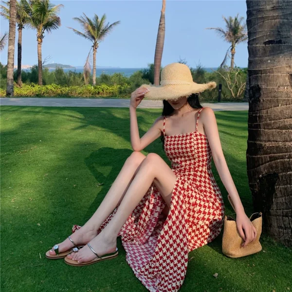 吊带连衣裙女春季2022新款收腰显瘦复古千鸟格设计感开叉长裙子潮 - 图片 5