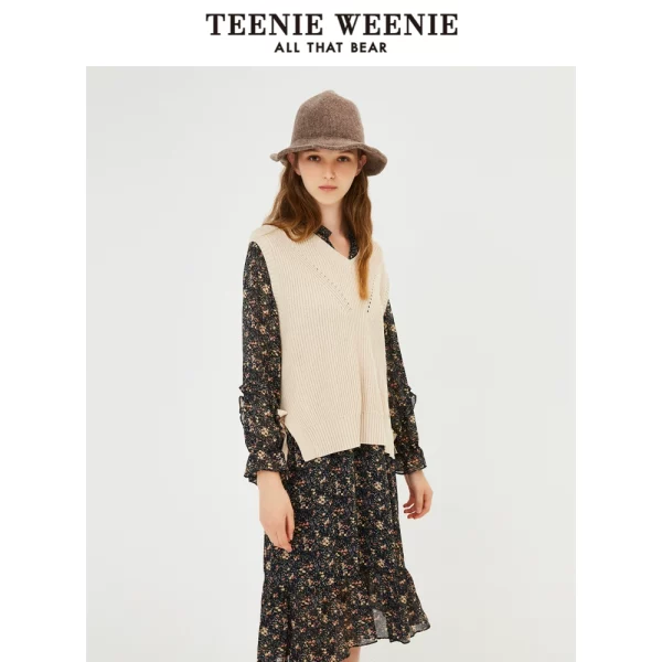 TeenieWeenie小熊连衣裙女针织马甲背心初秋冬两件套裙子碎花裙 - 图片 5