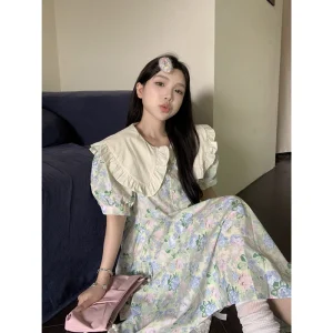 温柔风娃娃领碎花连衣裙女夏季新款法式减龄小个子泡泡袖中长裙子