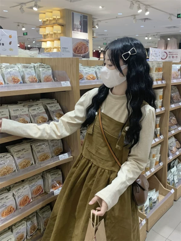 洋气冬季背带裙灯芯绒连衣裙女秋冬叠穿套装2022年新款中长款裙子 - 图片 2