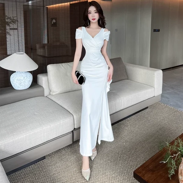 性感低胸露肩晚礼服高级感连衣裙春季2025新款女夜总会技师工作服 - 图片 5