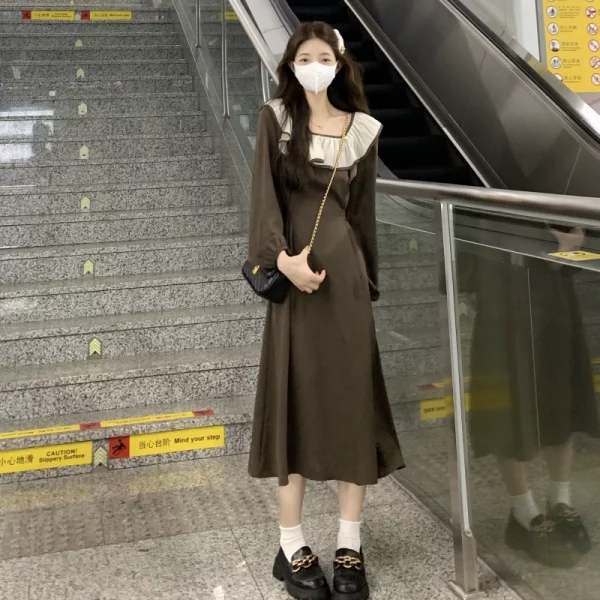 法式高级感木耳边连衣裙秋季2022新款方领收腰显瘦洋气长裙ins女 - 图片 2
